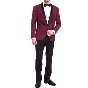 GUC Bellio Slim Fit Burgundy/Black 1-button Tuxedo Jacket (38L) & Pants (32L)